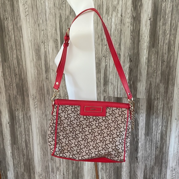 DKNY Red Beige Logo Purse Satchel Crossbody Shoulder Clutch Handbag VERSATILE - Picture 11 of 14